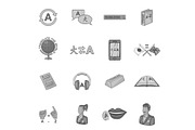 Language education icons set gray