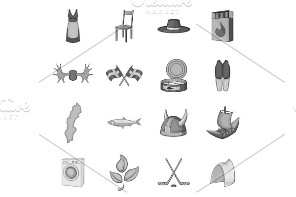 Sweden icons set, gray monochrome