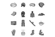 Snowboarding icons set, gray