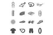 Bicycling icons set, gray monochrome