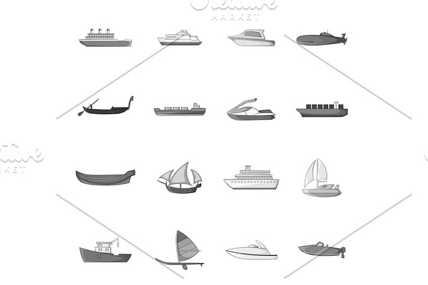 Ship and boat icons set, gray