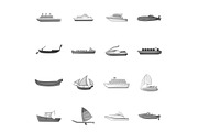 Ship and boat icons set, gray
