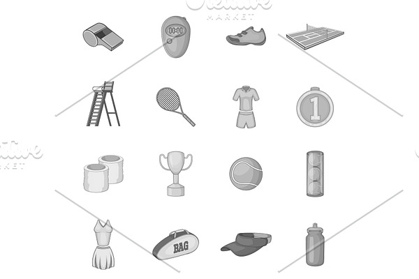 Tennis icons set, gray monochrome