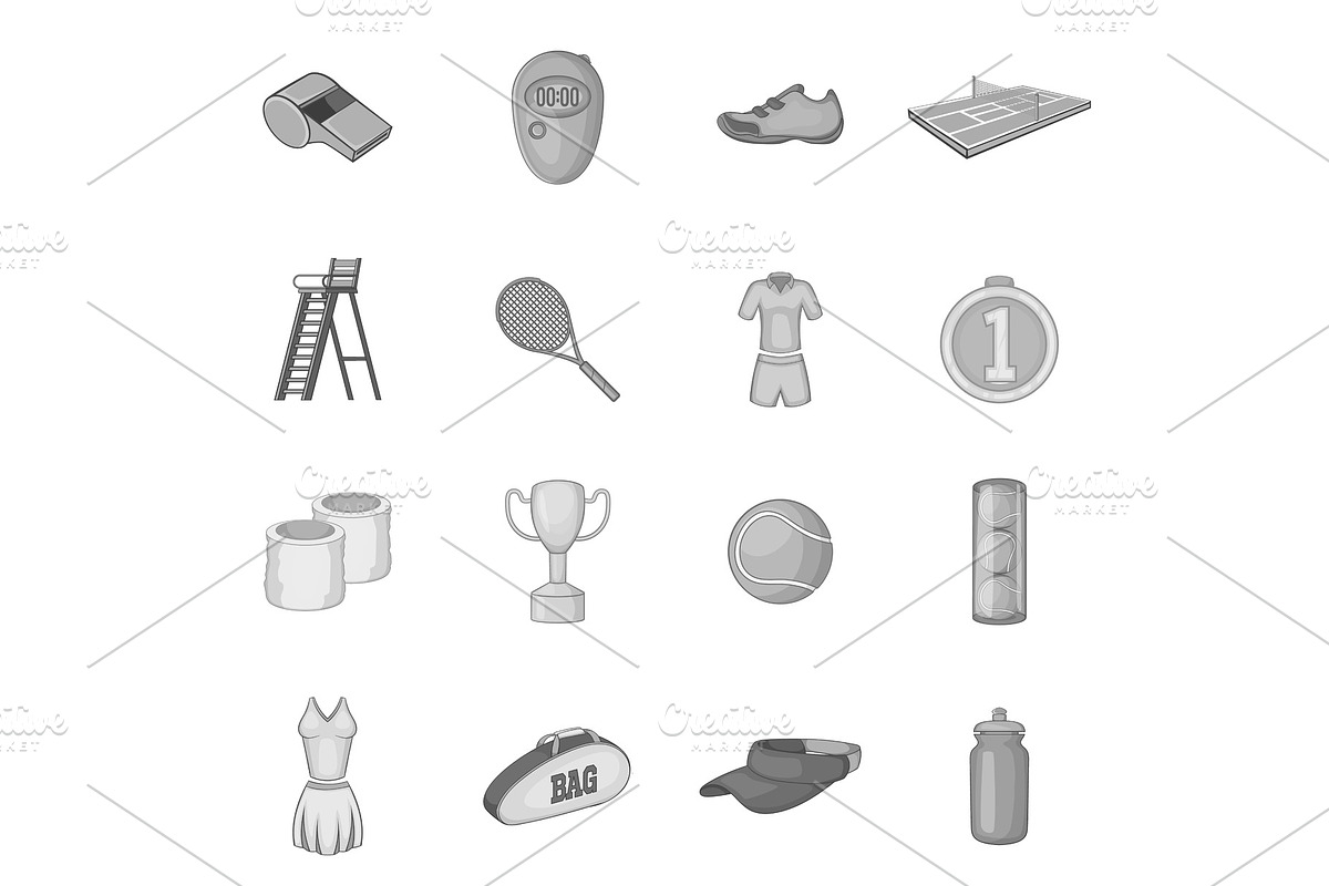 Tennis icons set, gray monochrome in Objects - product preview 8
