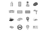Taxi icons set, gray monochrome
