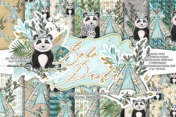 Boho Panda digital paper pack