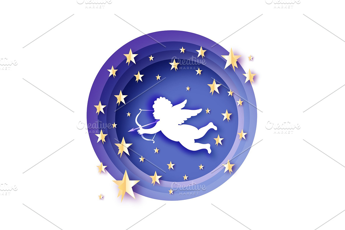 Flying Cupid. Golden starry blue sky in Illustrations - product preview 8
