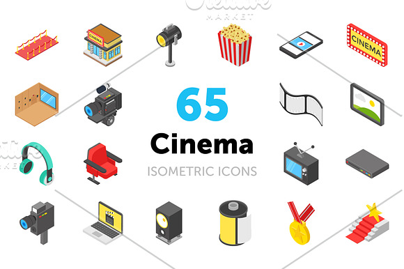 65 Cinema Isometric Icons in Icons - product preview 3