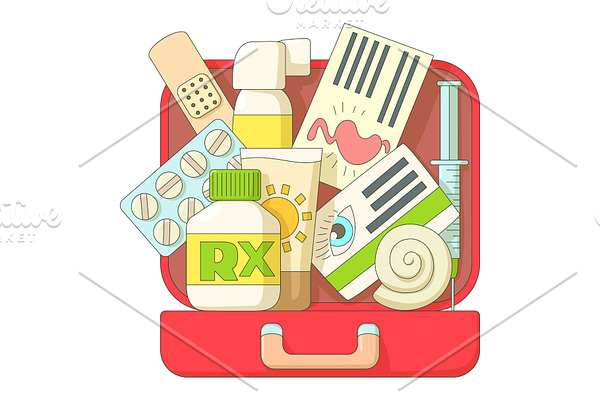 First aid kit icons set, flat style