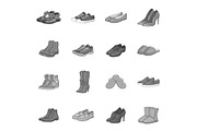 Shoe icons set, gray monochrome