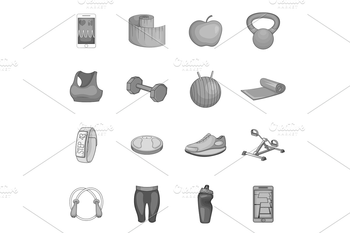 Fitness icons set, gray monochrome in Objects - product preview 8