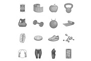 Fitness icons set, gray monochrome