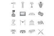 Museum icons set, gray monochrome