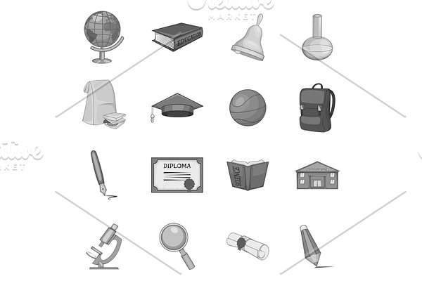 Science icons set, gray monochrome