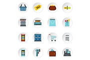 Supermarket icons set, flat style