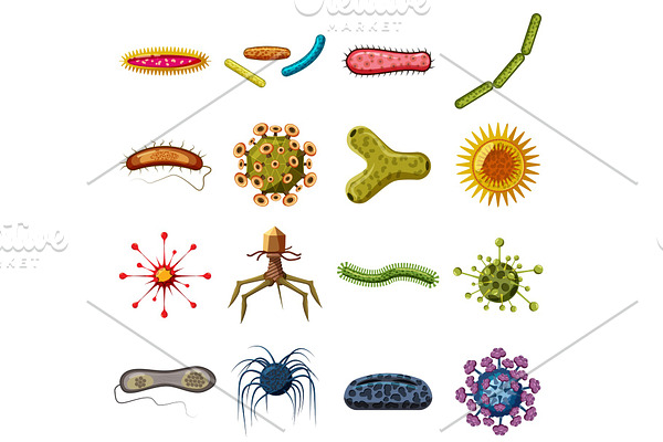 Virus bacteria icons set, cartoon