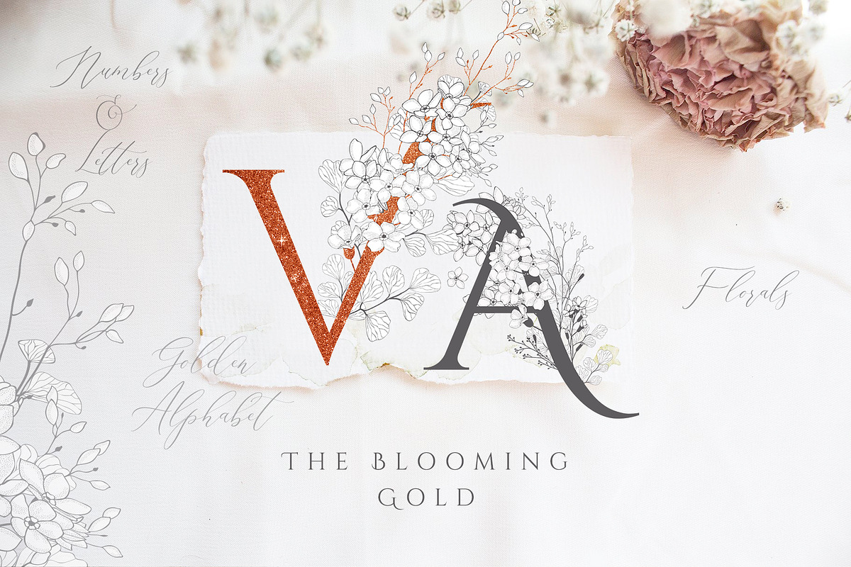 Blooming Gold Floral Letters Numbers in Illustrations - product preview 8