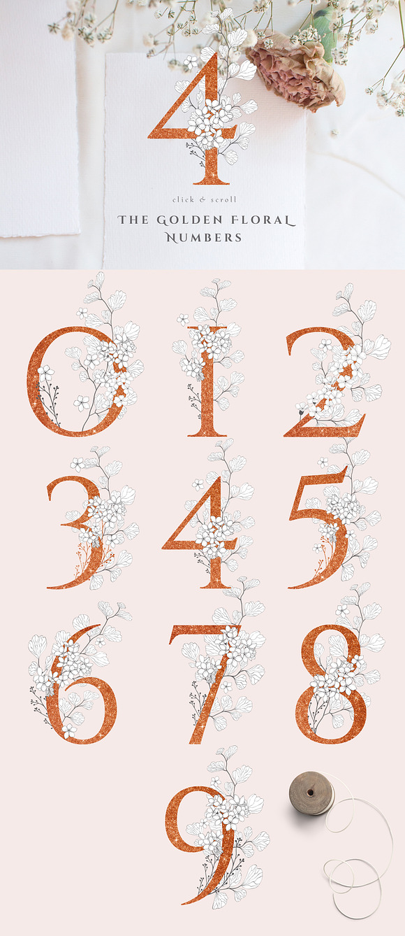 Blooming Gold Floral Letters Numbers in Illustrations - product preview 4