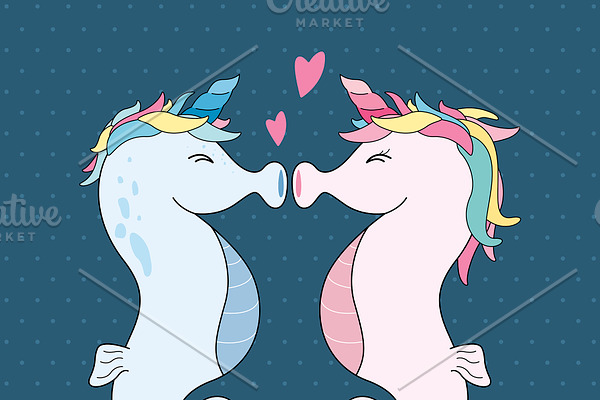 Unicorn seahorses kissing with heart