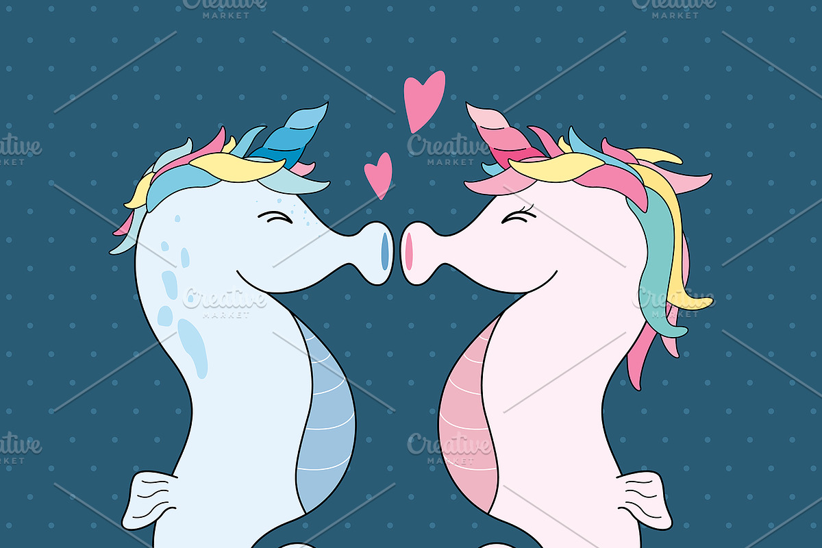 Unicorn seahorses kissing with heart in Illustrations - product preview 8