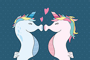 Unicorn seahorses kissing with heart