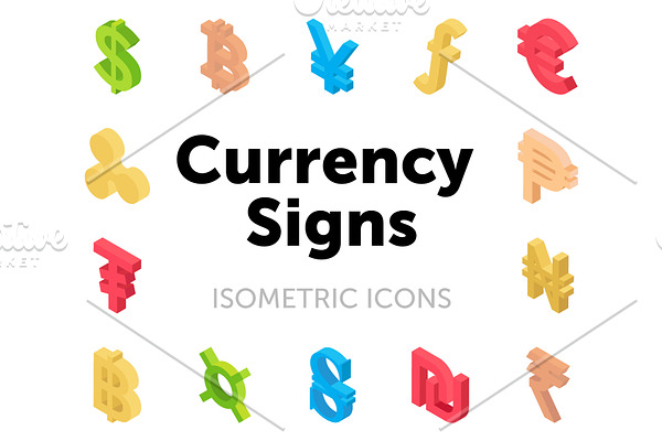 50 Currency Signs Isometric Icons