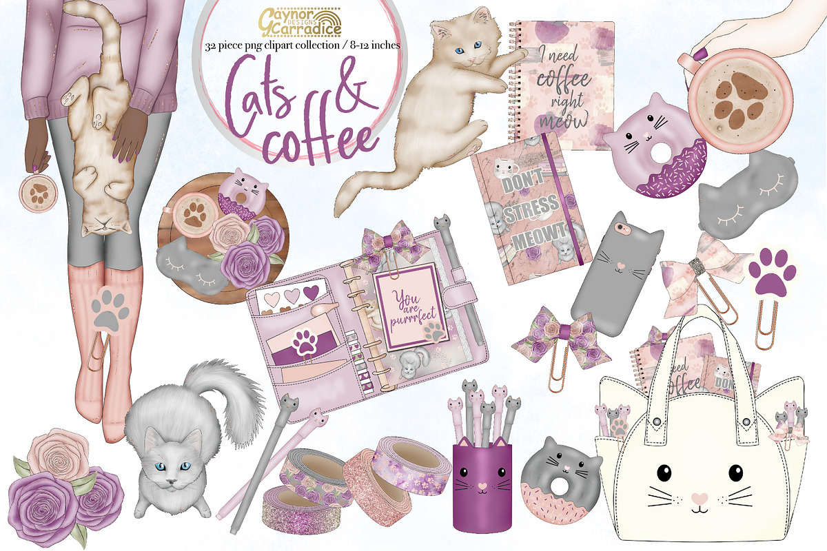 Cats and Coffee planner clipart in Illustrations - product preview 8