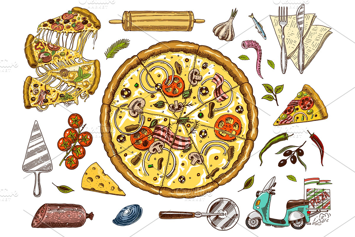 Set of pizza with cheese in Illustrations - product preview 8