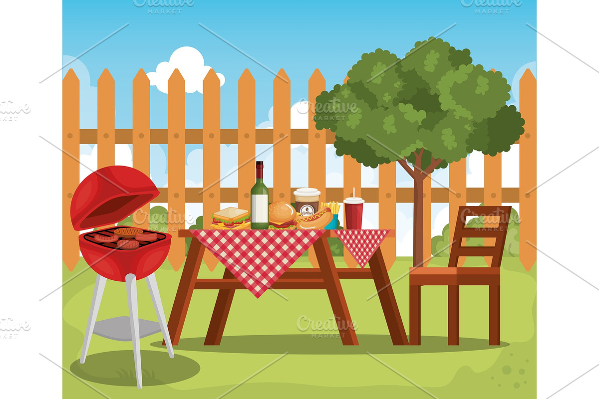 picnic table with tableclothes scene in Objects - product preview 8