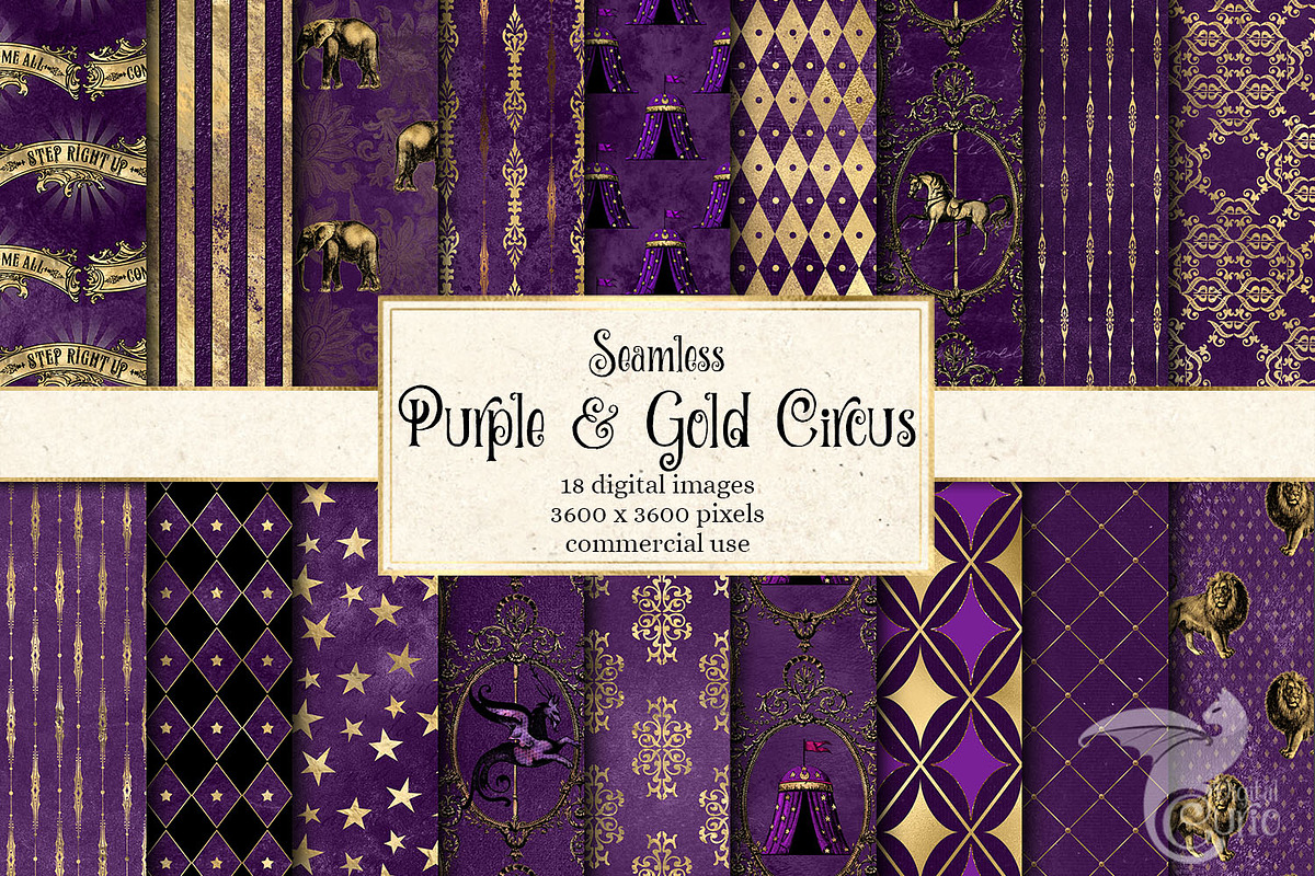 Purple and Gold Circus Digital Paper in Patterns - product preview 8