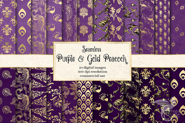 Purple & Gold Peacock Digital Paper