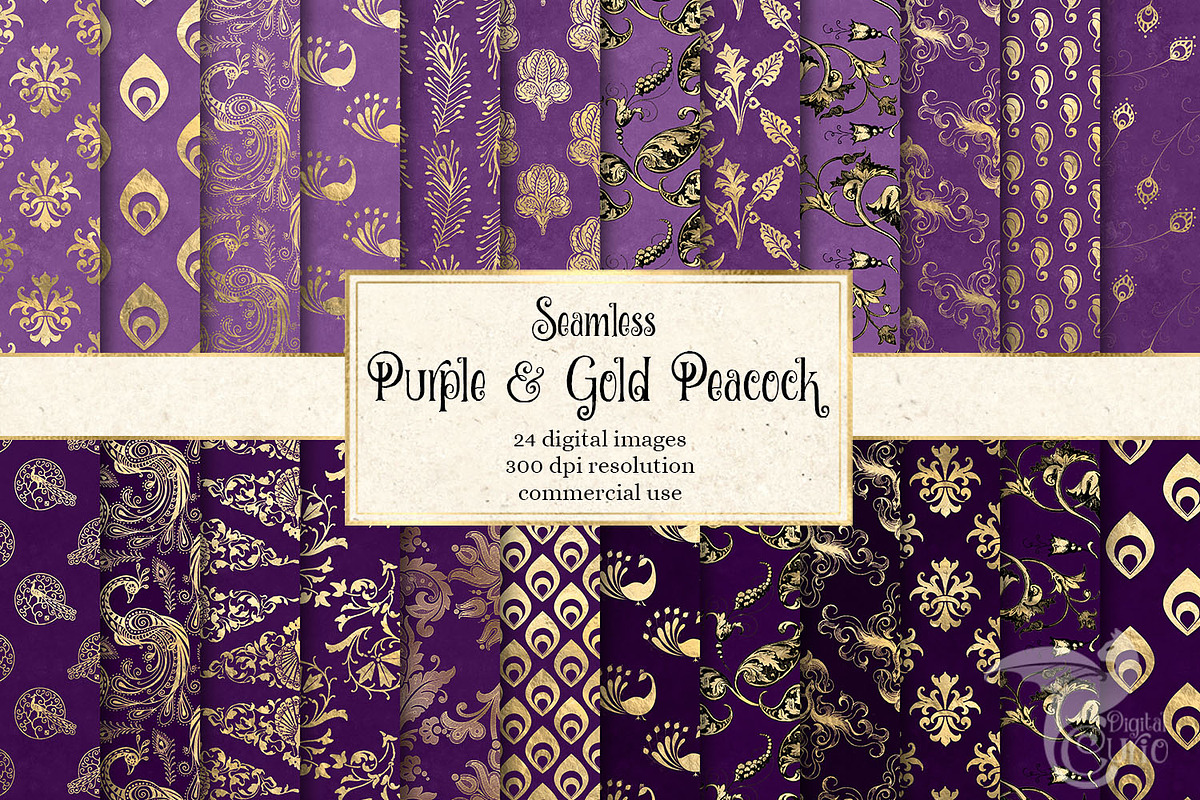 Purple & Gold Peacock Digital Paper in Patterns - product preview 8