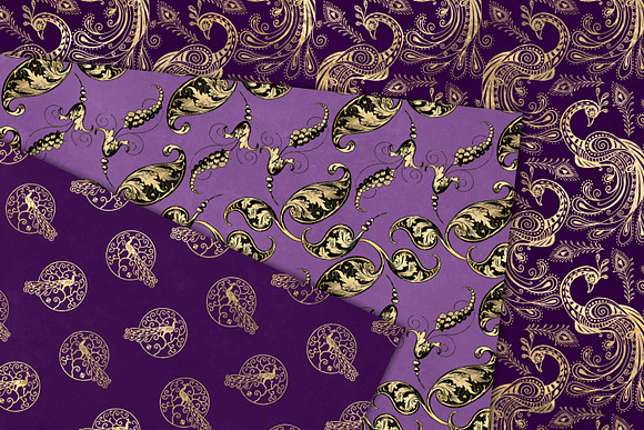 Purple & Gold Peacock Digital Paper in Patterns - product preview 1