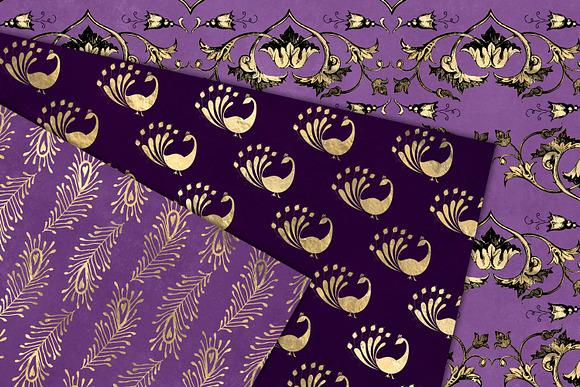 Purple & Gold Peacock Digital Paper in Patterns - product preview 2