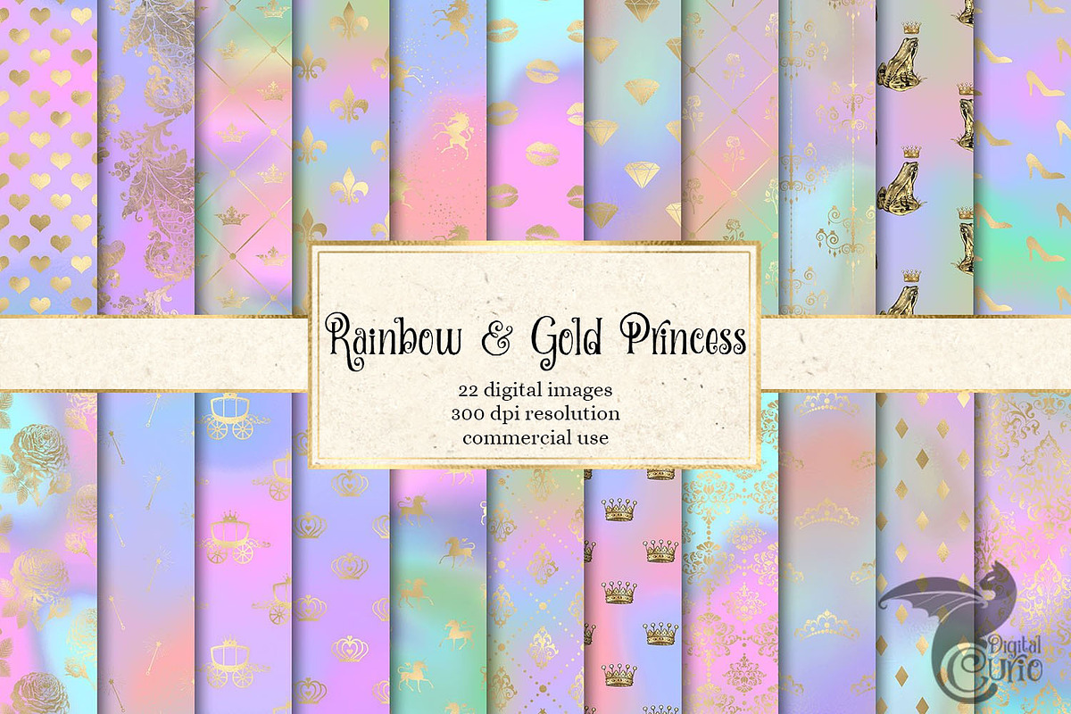 Rainbow & Gold Princess Backgrounds in Textures - product preview 8