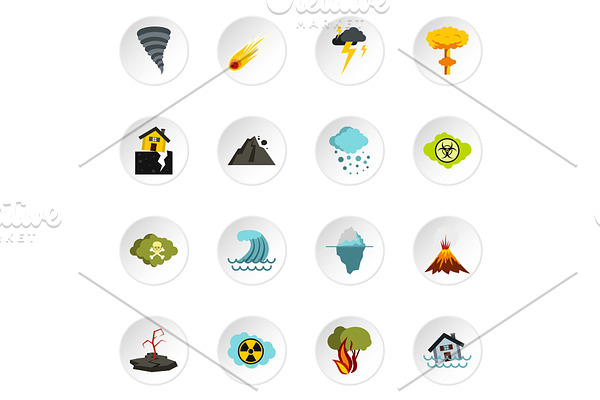 Natural disaster icons set, flat