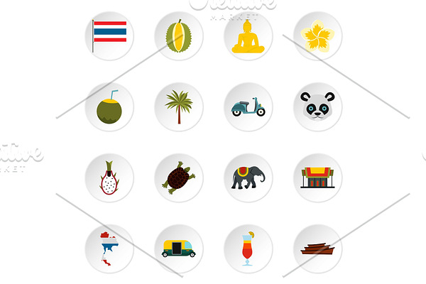 Thailand icons set, flat style