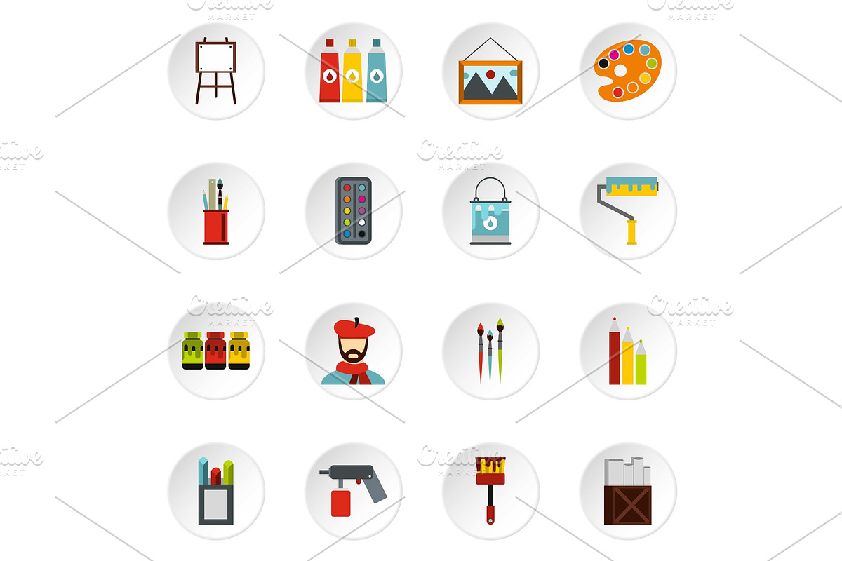 Artist studio icons set, flat style in Objects - product preview 8