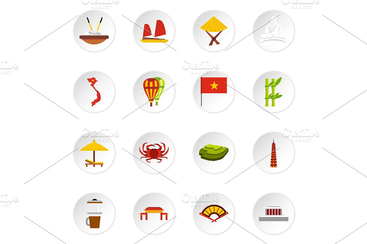 Vietnam icons set, flat style in Objects - product preview 8