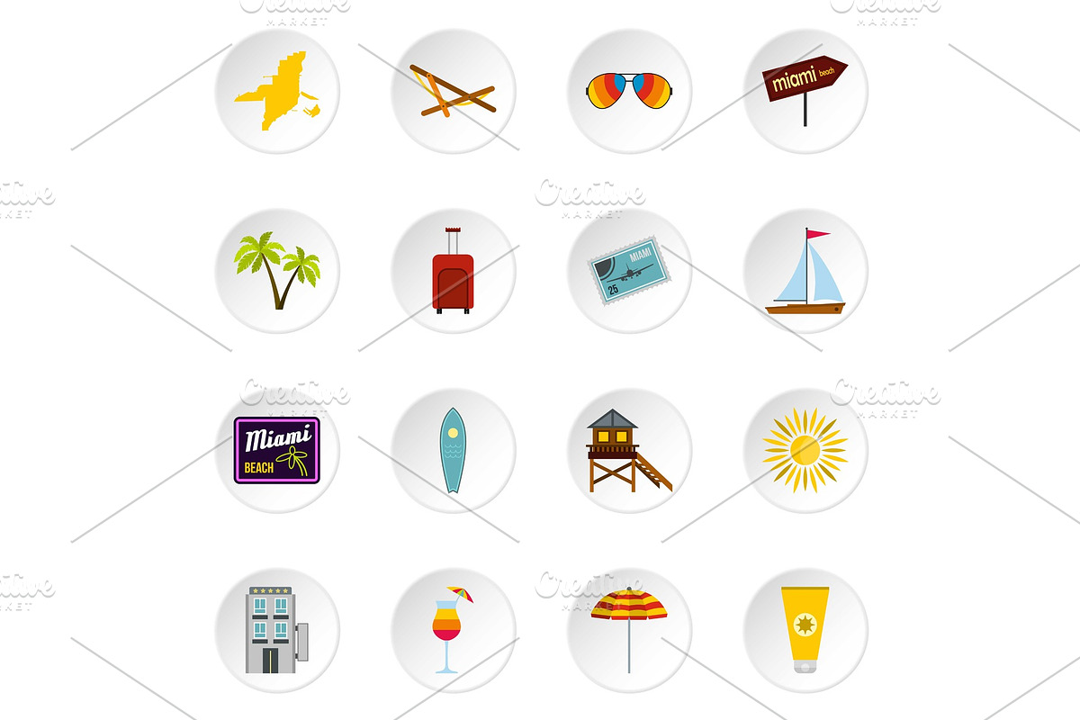 Miami icons set, flat style in Objects - product preview 8