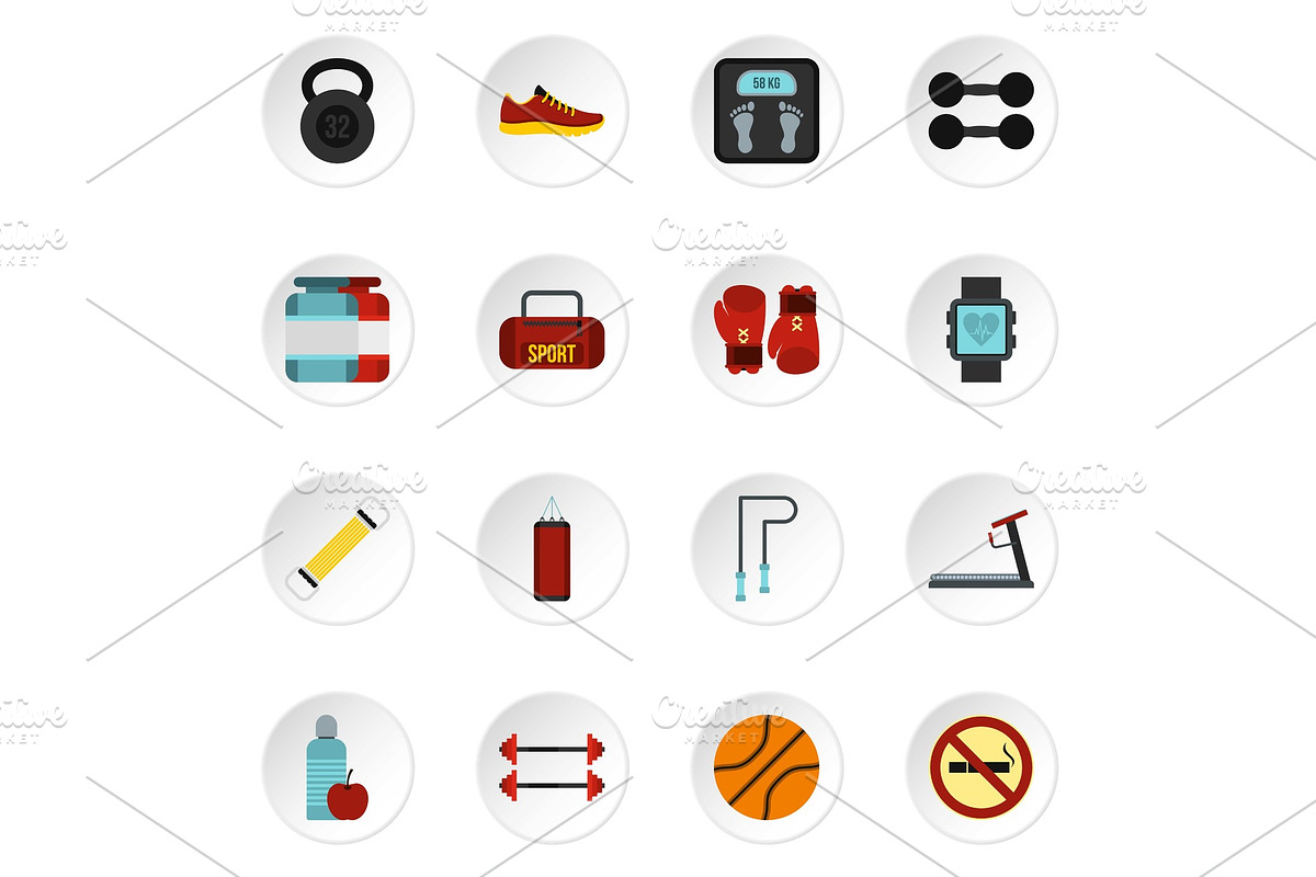 Fitness icons set, flat style in Objects - product preview 8