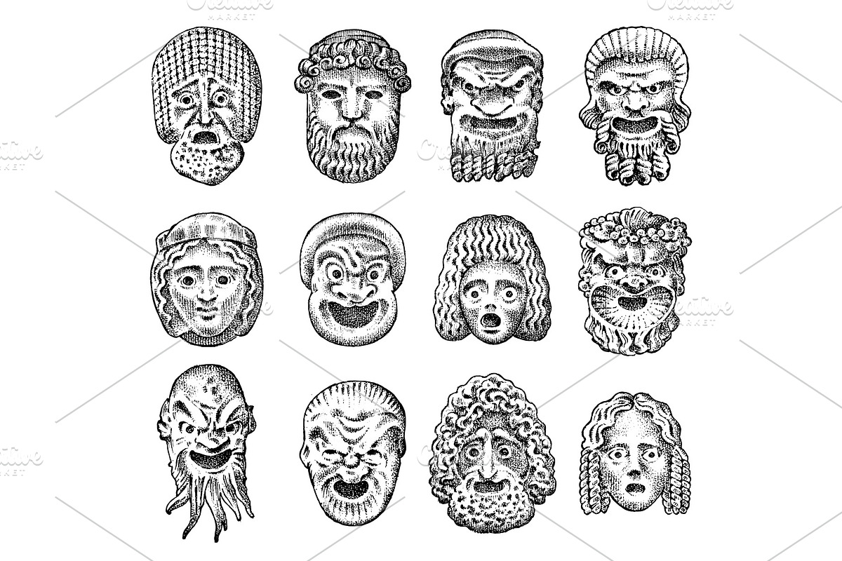Antique scary masks. Ancient in Illustrations - product preview 8