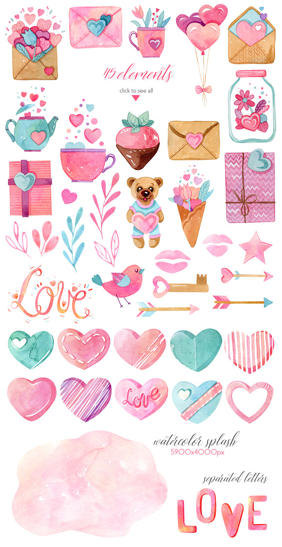 Watercolor Valentines Day Collection in Objects - product preview 2