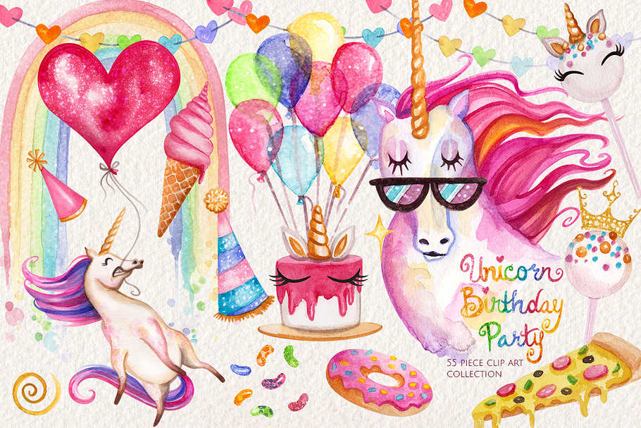 Watercolor Unicorn Birthday Party in Illustrations - product preview 8