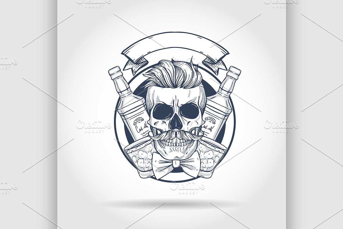 Sketch, barman skull in Illustrations - product preview 8