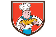 Baker Holding Bread Loaf Shield Cart