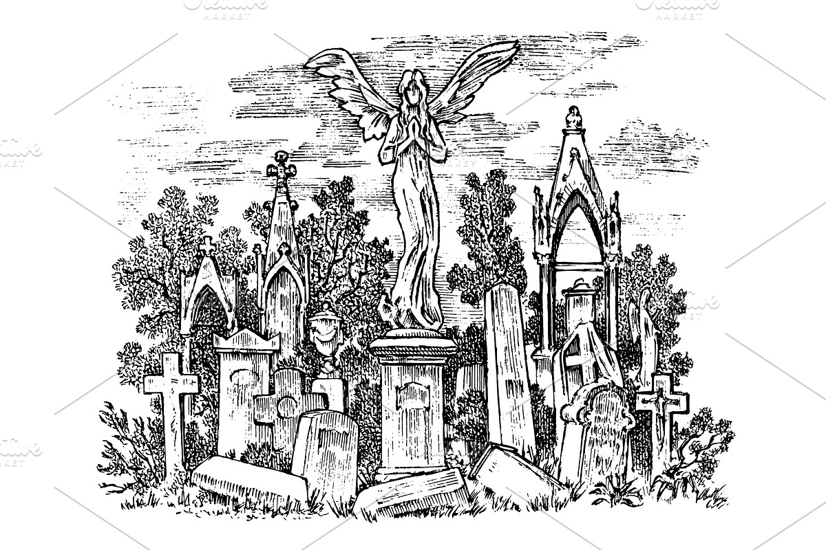 Vintage cemetery landscape in Illustrations - product preview 8