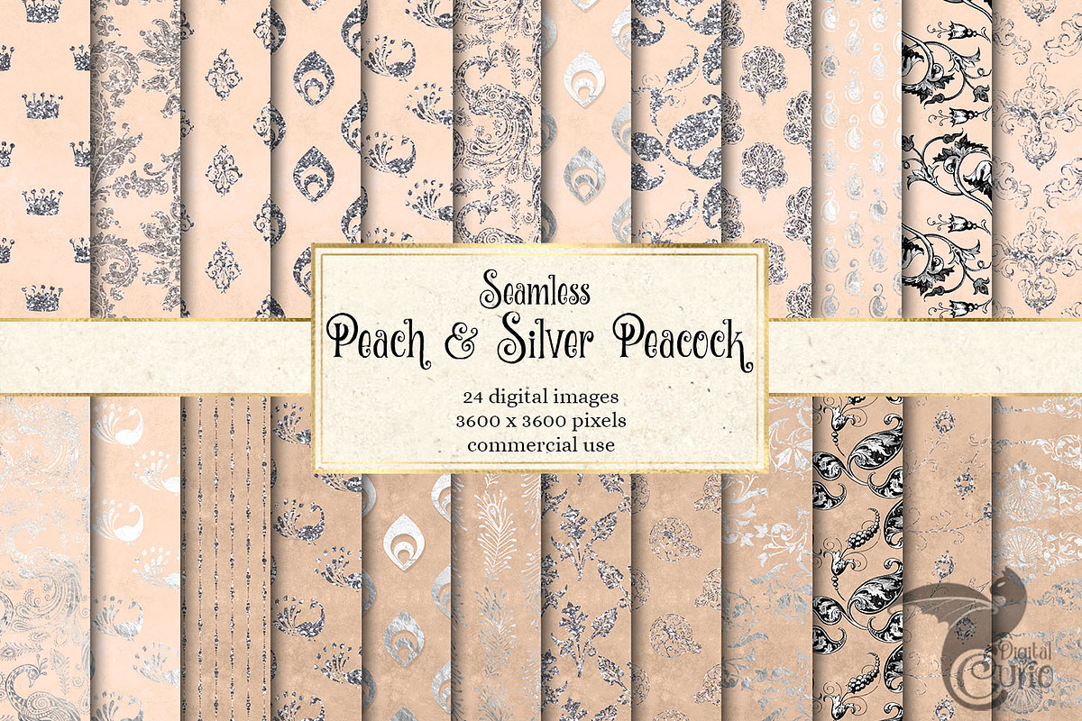 Peach & Silver Peacock Digital Paper in Patterns - product preview 8