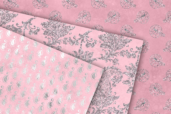 Pink & Silver Peacock Digital Paper in Patterns - product preview 2