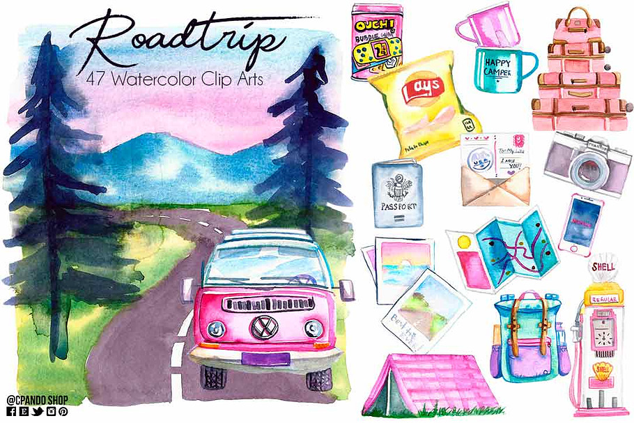 Roadtrip watercolor clipart in Illustrations - product preview 8